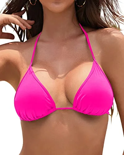 Women’s bikini top workout bold flair -Removable Padded Halter Triangle Bikini Top String Bathing Suits Top-Neon Pink