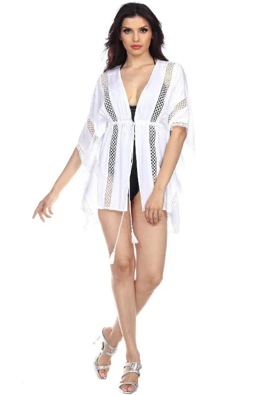 Women’s cover-up maxi elegant glow -See-Through White Front Tie Beach Kaftan Kimono Cover-Up In Rayon