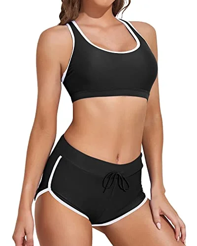 Women’s bikini top bikini bottom match flair -Women Racerback Crop Top Shorts Bathing Suits-Black And White