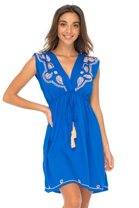 Women’s cover-up sunglasses chic glow -Short Embroidered Sleeveless Sundress with Deep V Neck