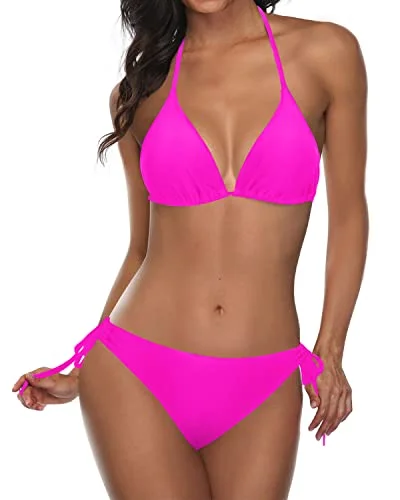 Women’s bikini top moss earthy chic -Adjustable Neck And Back Ties Halter Padded Top 2 Piece Bikini Sets-Neon Pink