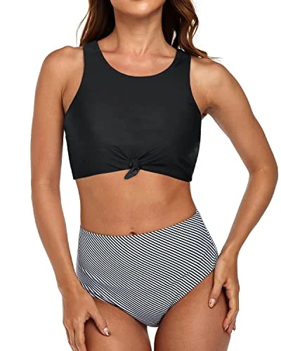 Women’s bikini top winter soft chic -Vintage High Waisted Bikini Set Crop Top For Women-Black Stripe