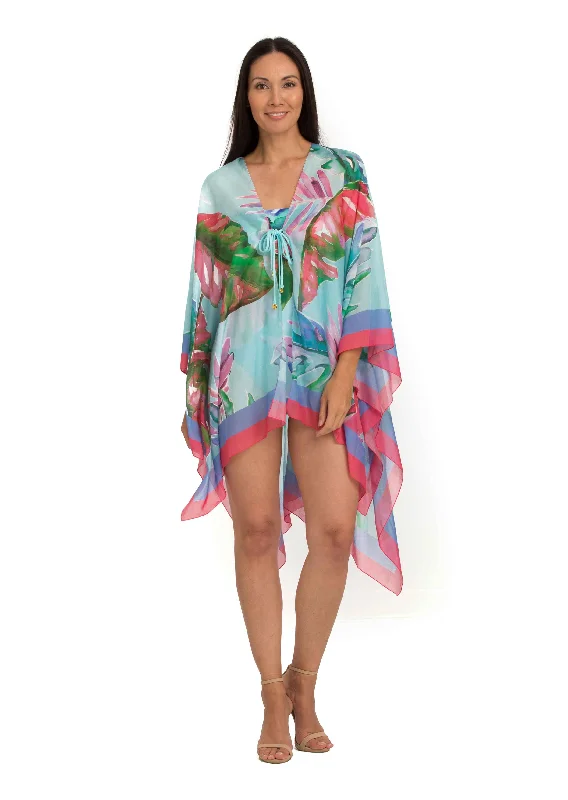 Women’s cover-up midi chic flair -Orta San Giulio Short Print Kaftan with Front Tassel Tie (Style 466)