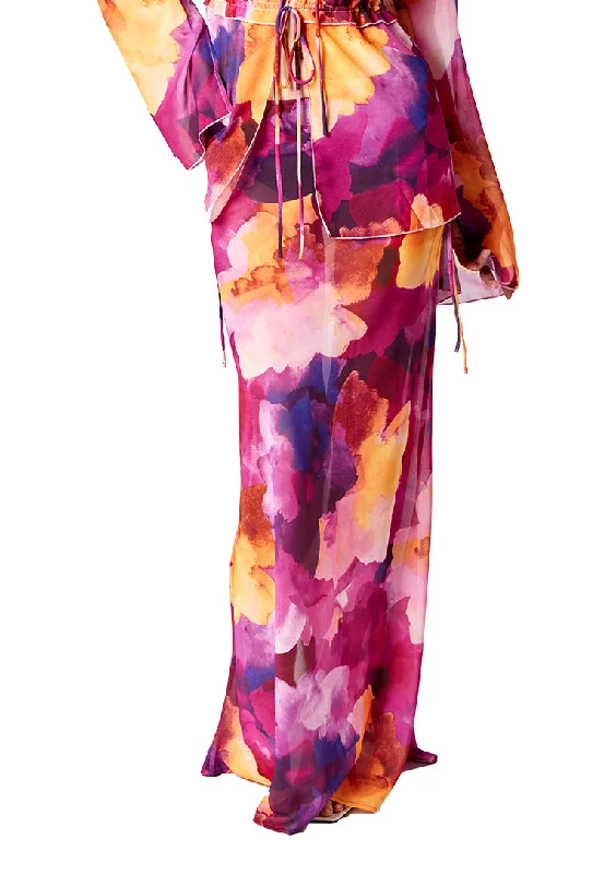 Women’s cover-up gold shimmer flair -Chiffon Watercolor Floral Maxi Skirt with Ties