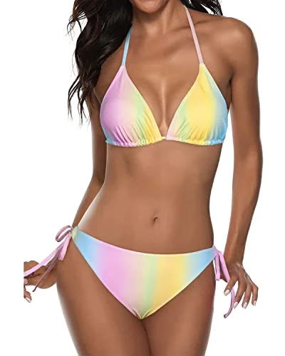 Women’s bikini top midnight chic glow -Two Piece Halter Padded Top Tie Side Bottom Bikini Bathing Suit 2 Piece Bikini Sets-Color Stripes