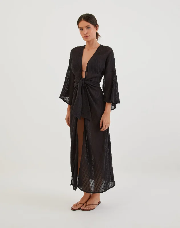 Women’s cover-up one-shoulder chic -Perola Long Caftan - Black