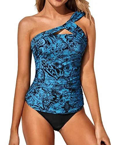 Women’s bikini top matte smooth glow -Women's Two Piece Tankini One Shoulder Top & Ruched Shorts-Black And Tribal Blue