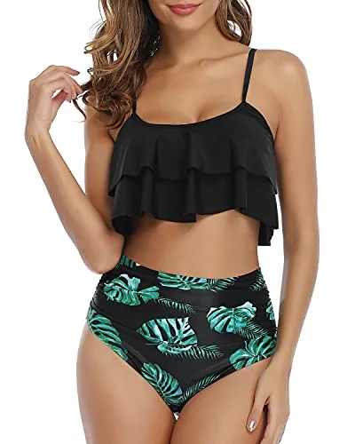 Women’s bikini top rust rustic chic -Two Piece Double Tiered Ruffle Flounce Crop Top Bikini Set-Black Leaf