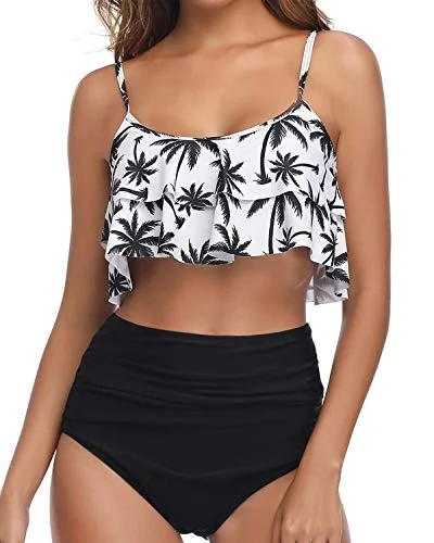 Women’s bikini top lightweight sleek chic -2 Piece Bikini Set High Waisted Ruffle Flounce Top And Bottoms-Black Palm Tree