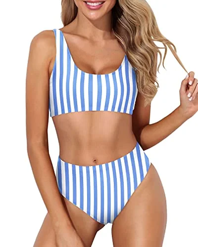 Women’s bikini top outlet soft glow -Scoop Neck Crop Top For Women Sports Two Piece Bikini For Women-Blue Stripes