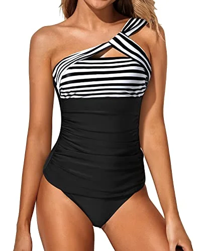 Women’s bikini top metallic shiny flair -Women's Ruched Tankini Swimsuit One Shoulder Top & Shorts-Black And White Stripe