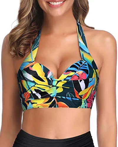 Women’s bikini top durable vibrant flair -Push Up Halter Bikini Tops for Women Retro Bathing Suit Tops