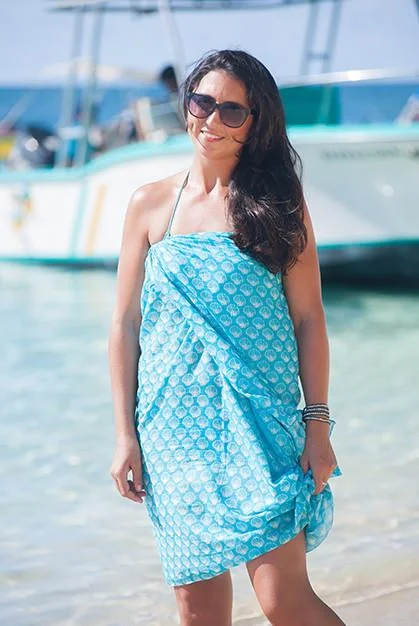 Women’s cover-up lightweight scarf chic -Aqua Shell Printed Cotton Sarong