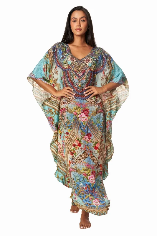 Women’s cover-up spring fresh flair -Queens Garden Lightweight Caftan Dress/Cover Up with V-Neck Jewels