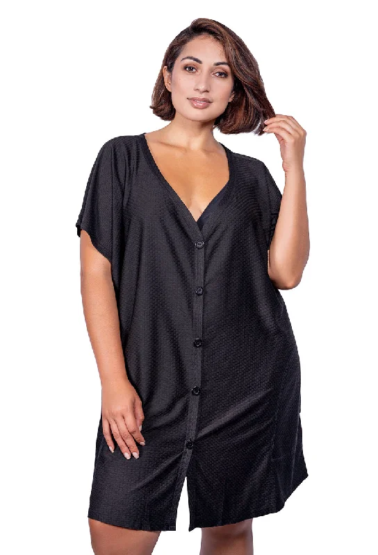 Women’s cover-up poncho breezy chic -BUTTON FRONT DRESS WITH POCKETS - WAFFLE - PLUS SIZE