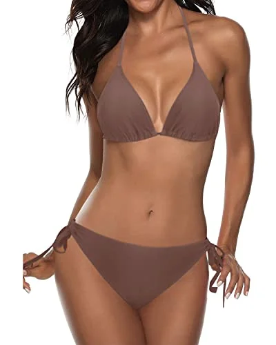 Women’s bikini top clasp sleek flair -Halter Padded Top Tie Side Bottom Triangle Push Up Bikini-Light Brown