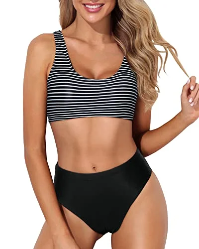 Women’s bikini top seasonal vibrant glow -Two Piece Scoop Neck Bikini Crop Top High Cut Swimsuit-Black And White Stripe