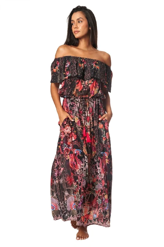 Women’s cover-up breathable soft flair -Forest Festival Long Off the Shoulder Dress