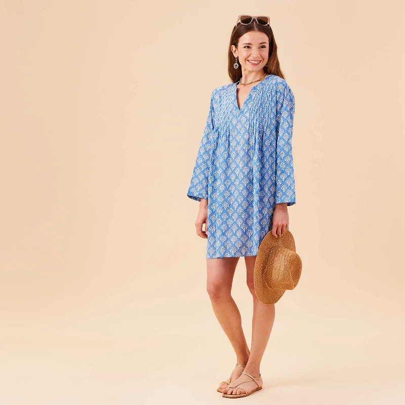 Women’s cover-up narrow hem flair -Fifer Blue blu Cotton Pintuck Beach Coverup