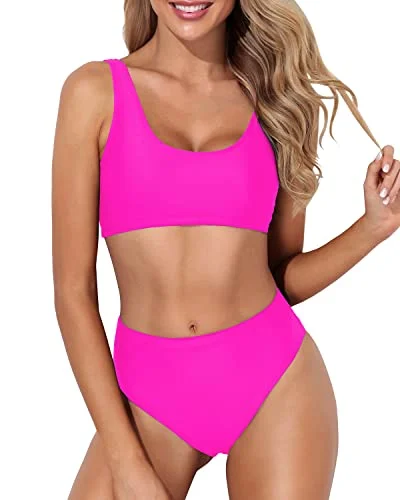 Women’s bikini top terracotta glow -Cheeky High Waisted Bathing Suit Crop Top High Cut Swimsuit-Neon Pink