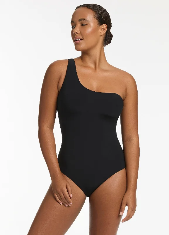 ladies one-piece swimsuit faded tones -Jetset One Shoulder One Piece - Black