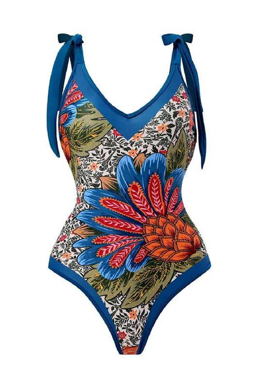 ladies one-piece swimsuit loose flow -Tropical Floral Print Plunge Tie-Shoulder One Piece Swimsuit