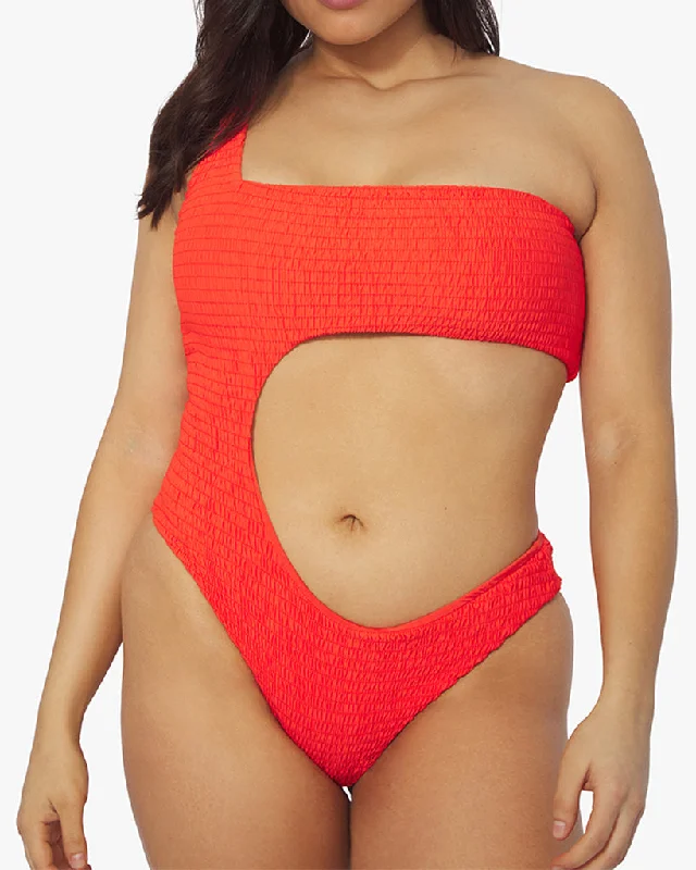 ladies one-piece swimsuit gator texture -One Shoulder Cut-Out Smocking One Piece