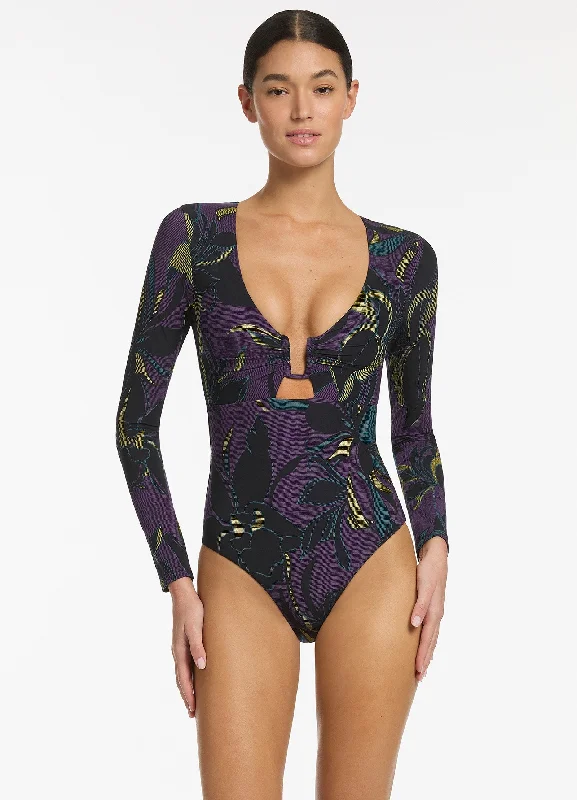 ladies one-piece swimsuit five straps -Midnight Tropical Cut Out Surfsuit - Amethyst