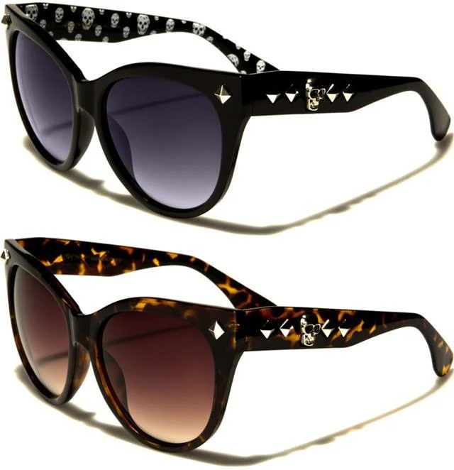 ladies sunglasses flared glow -Gothic Skull Logo Sunglasses Large Retro Cat Eye Shades for Women