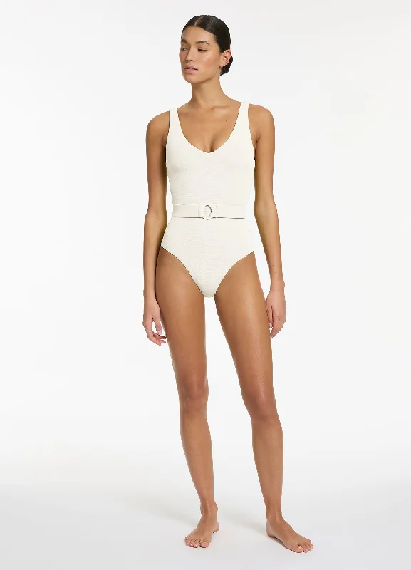 ladies one-piece swimsuit color lock -Isla Rib V-Neckline Belted One Piece - Cream