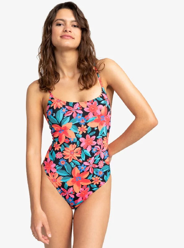 ladies one-piece swimsuit fine frame -Roxy PT Beach Classics One Piece-Anthracite Floral Fiesta Big