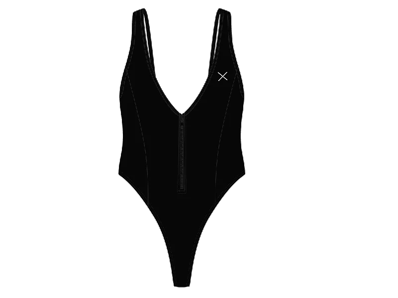 ladies one-piece swimsuit gem trim -Manhattan Black Zipper One-Piece