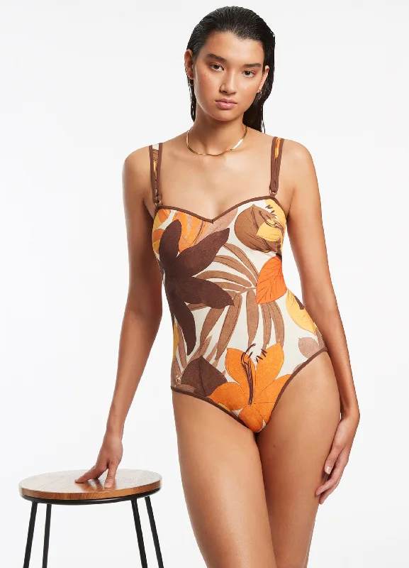 ladies one-piece swimsuit day splash -Floreale Trim Tank One Piece - Latte