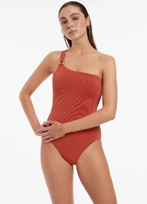 ladies one-piece swimsuit top pick -Isla Rib One Shoulder One Piece - Russet