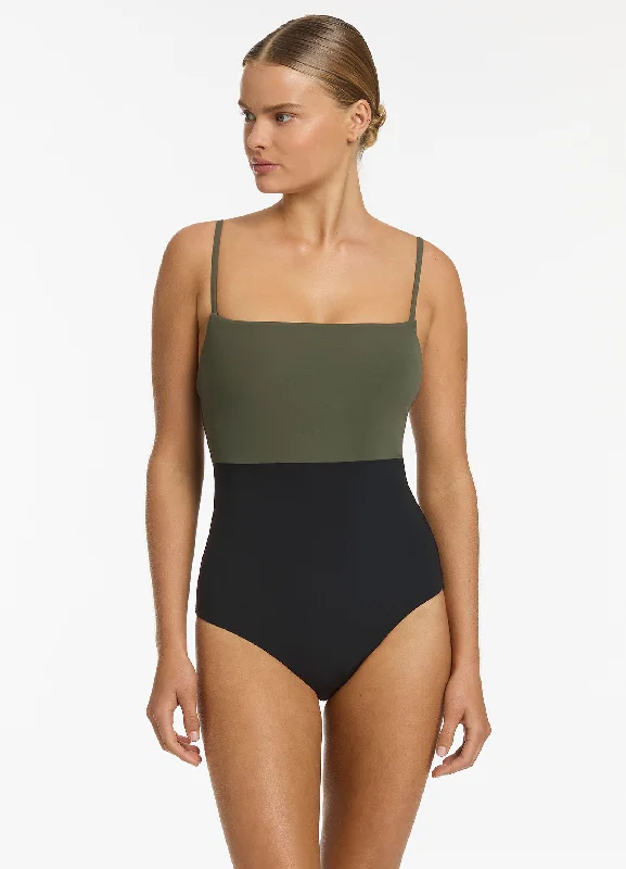 ladies one-piece swimsuit soft neck -Versa Tank One Piece - Olive/Black