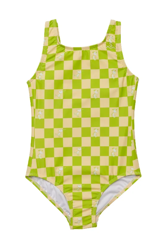 ladies one-piece swimsuit calm chic -Seaesta Surf x Peanuts® Snoopy Checker Swimsuit / Lime