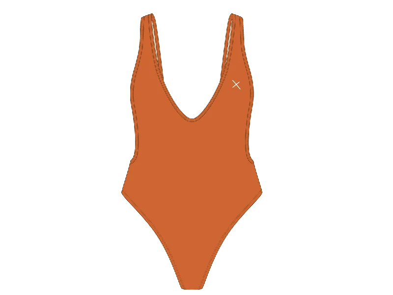 ladies one-piece swimsuit scalloped trim -Burnt Orange Rio One-Piece