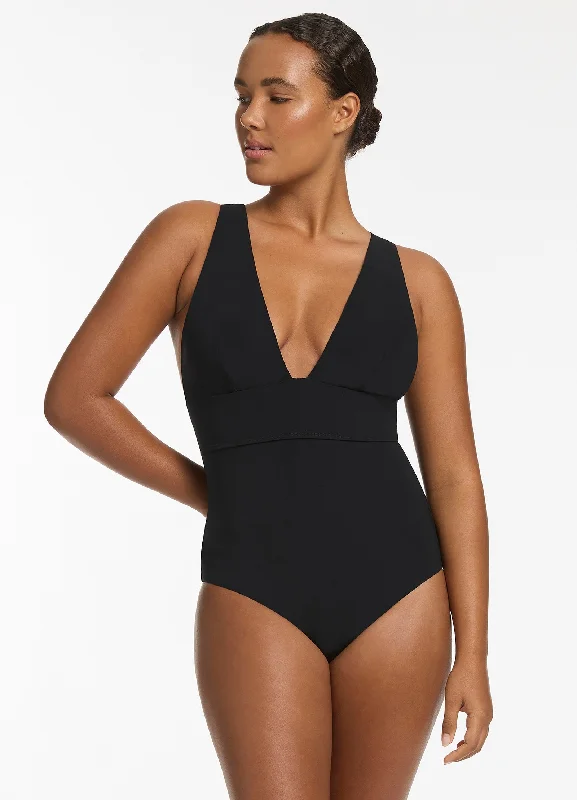 ladies one-piece swimsuit heat swim -Jetset Plunge Tie Back One Piece - Black