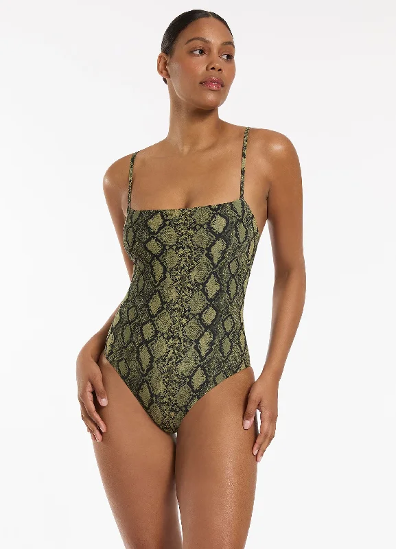 ladies one-piece swimsuit elastic hem -Python Minimal Tank One Piece - Olive