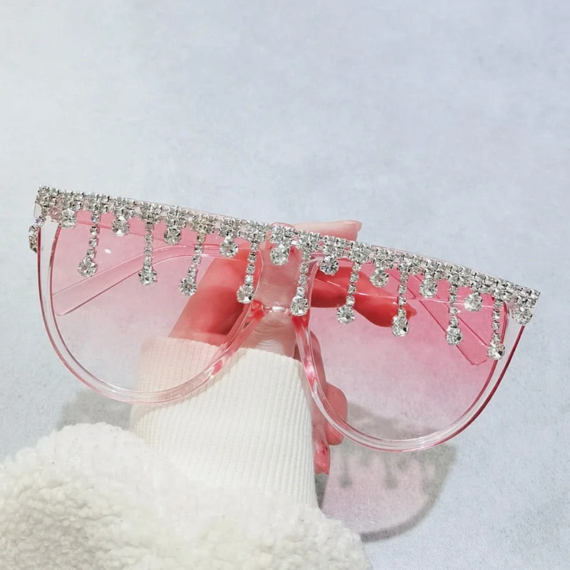 ladies sunglasses soon up -Women's Designer Fashion Tassel Oversized Rhinestone Flat Top Sunglasses