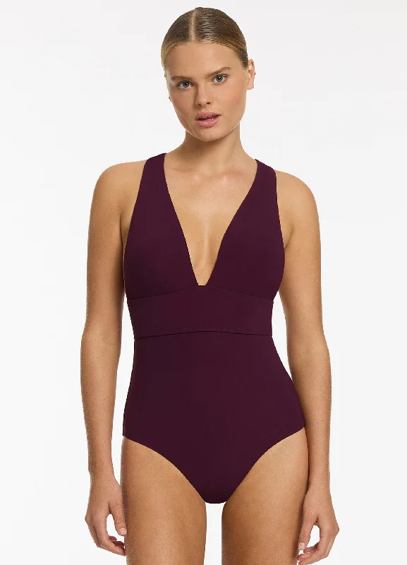 ladies one-piece swimsuit elastic hem -Jetset Plunge Tie Back One Piece - Port