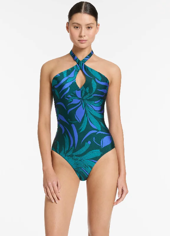 ladies one-piece swimsuit tide glow -Queen Of The Night Cross Over Halter One Piece - Azul