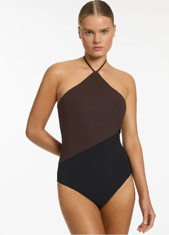 ladies one-piece swimsuit old dip -Versa High Neck Halter One Piece - Black/Chocolate