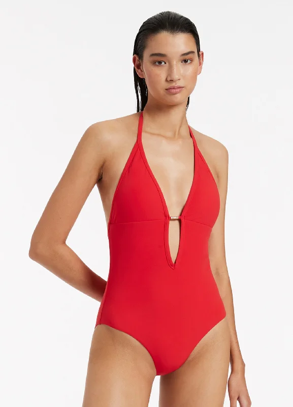 ladies one-piece swimsuit long fit -Jetset Plunge One Piece - Cherry