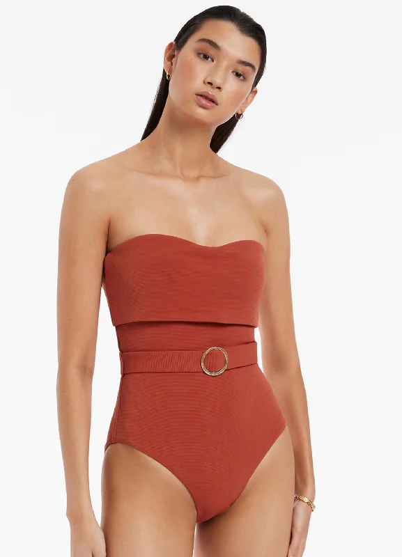 ladies one-piece swimsuit pack slim -Isla Rib Fold Down Bandeau One Piece - Russet