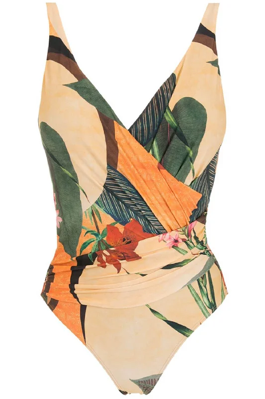 ladies one-piece swimsuit hand wash -Tropical Leaf Print V-Neck Low Back One Piece Swimsuit