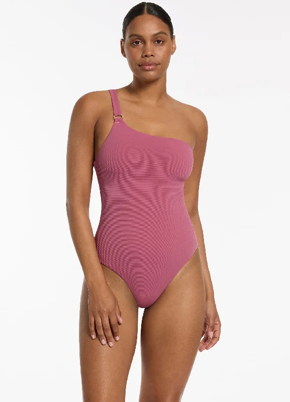 ladies one-piece swimsuit cool glow -Isla Rib One Shoulder One Piece - Mauve