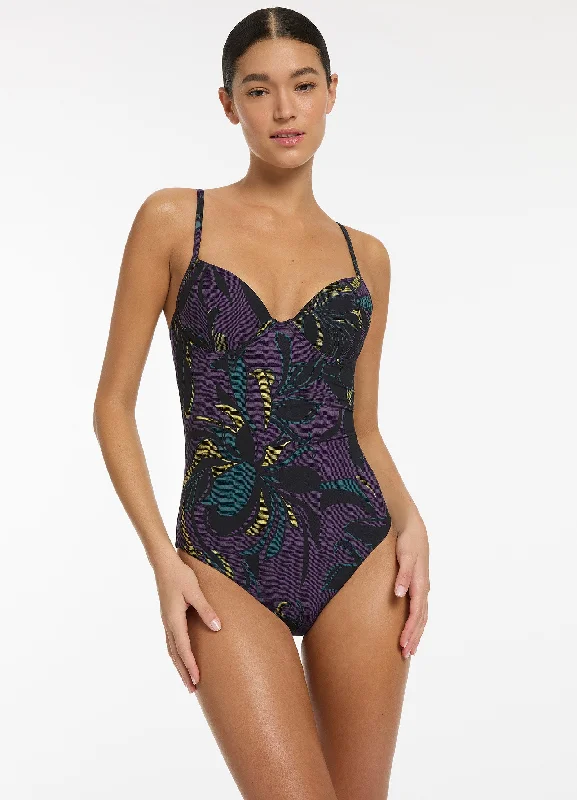 ladies one-piece swimsuit slim neck -Midnight Tropical Moulded Underwire One Piece - Amethyst