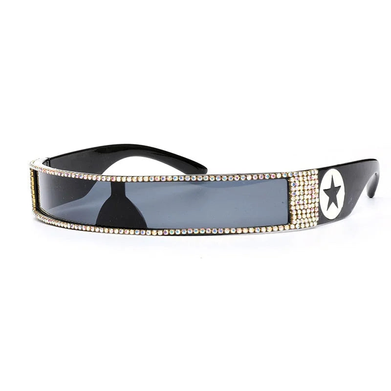 ladies sunglasses coal black -Unisex UV400 One Piece Steampunk Mirror Diamond Crystal Sunglasses