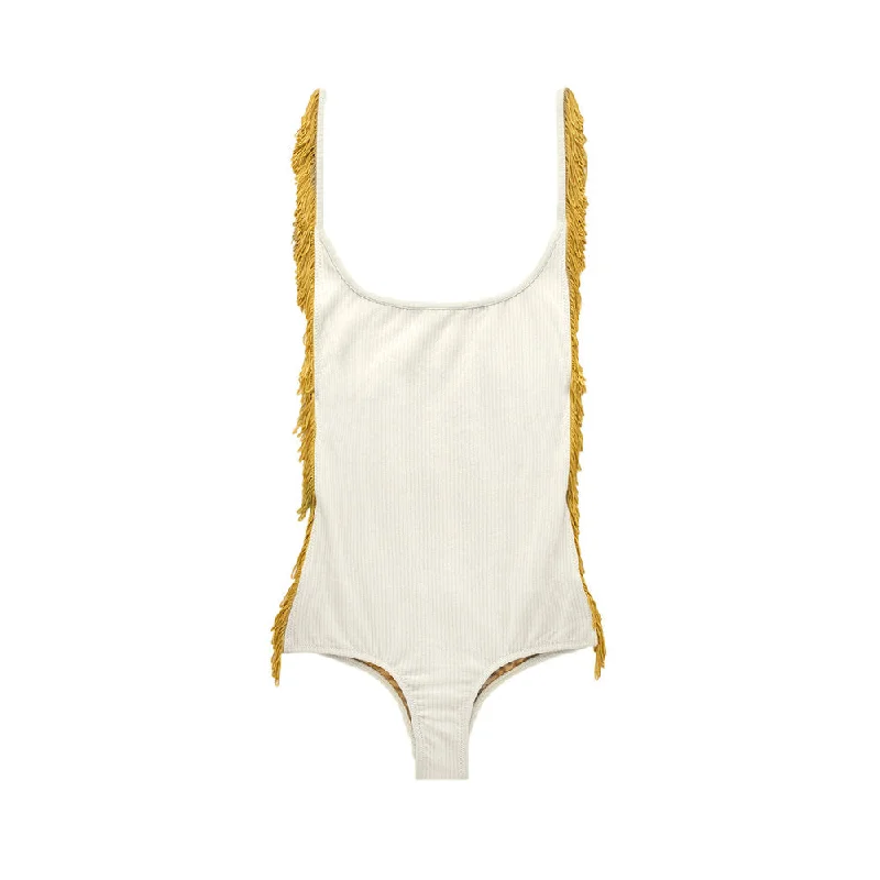 ladies one-piece swimsuit color lock -Petal 2 One Piece w/Fringe | Cream Rib + Pollen